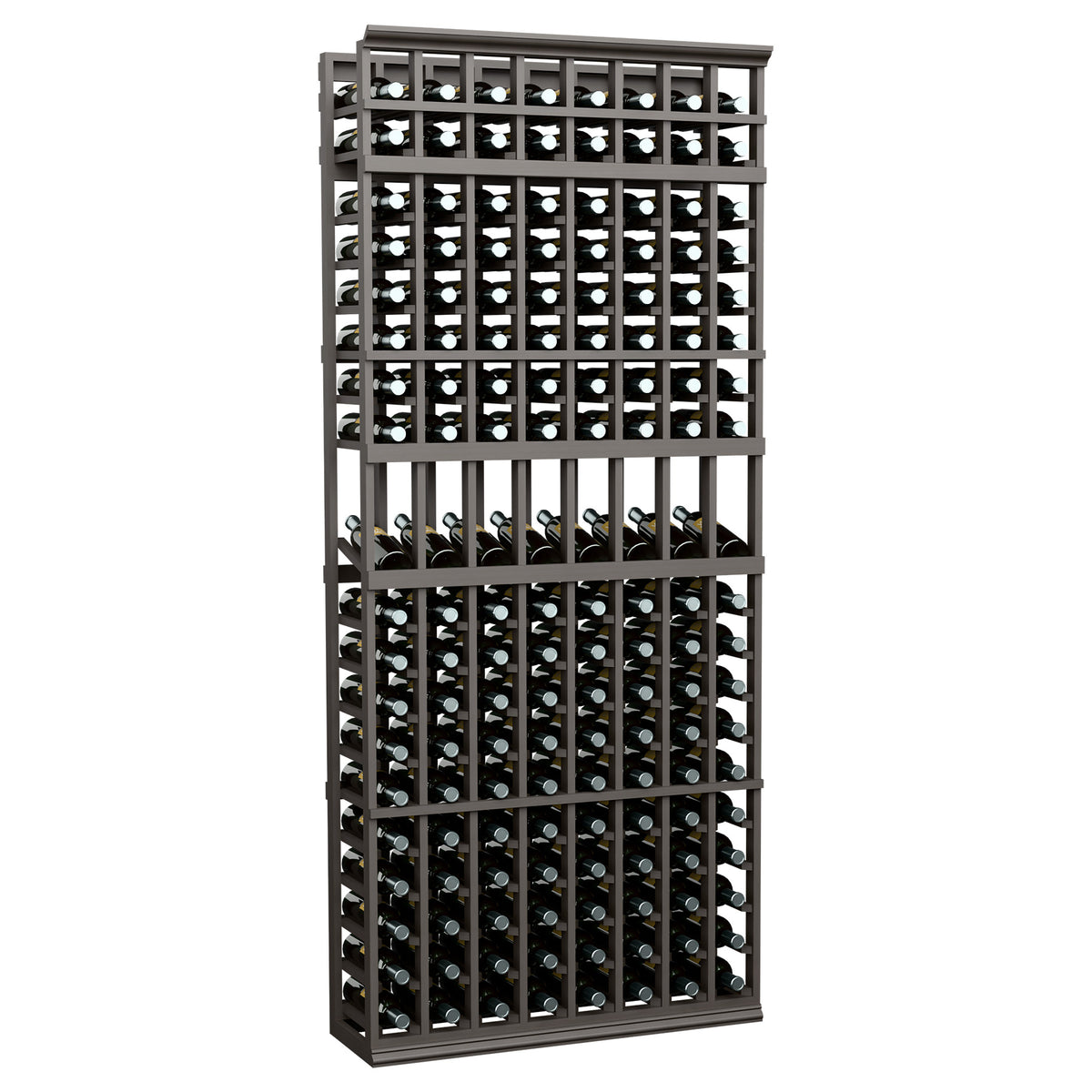 8-column 7-ft wine display rack with dark black frame and open front bottle slots