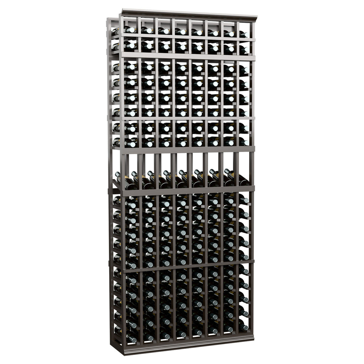 8-column 7-ft wine display rack with grey frame and open front bottle slots