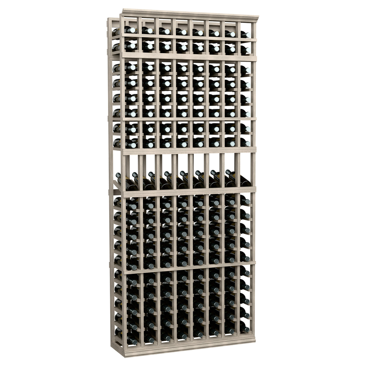 7 ft wine bottle display rack with 8 columns, gray wood frame and bottle slots