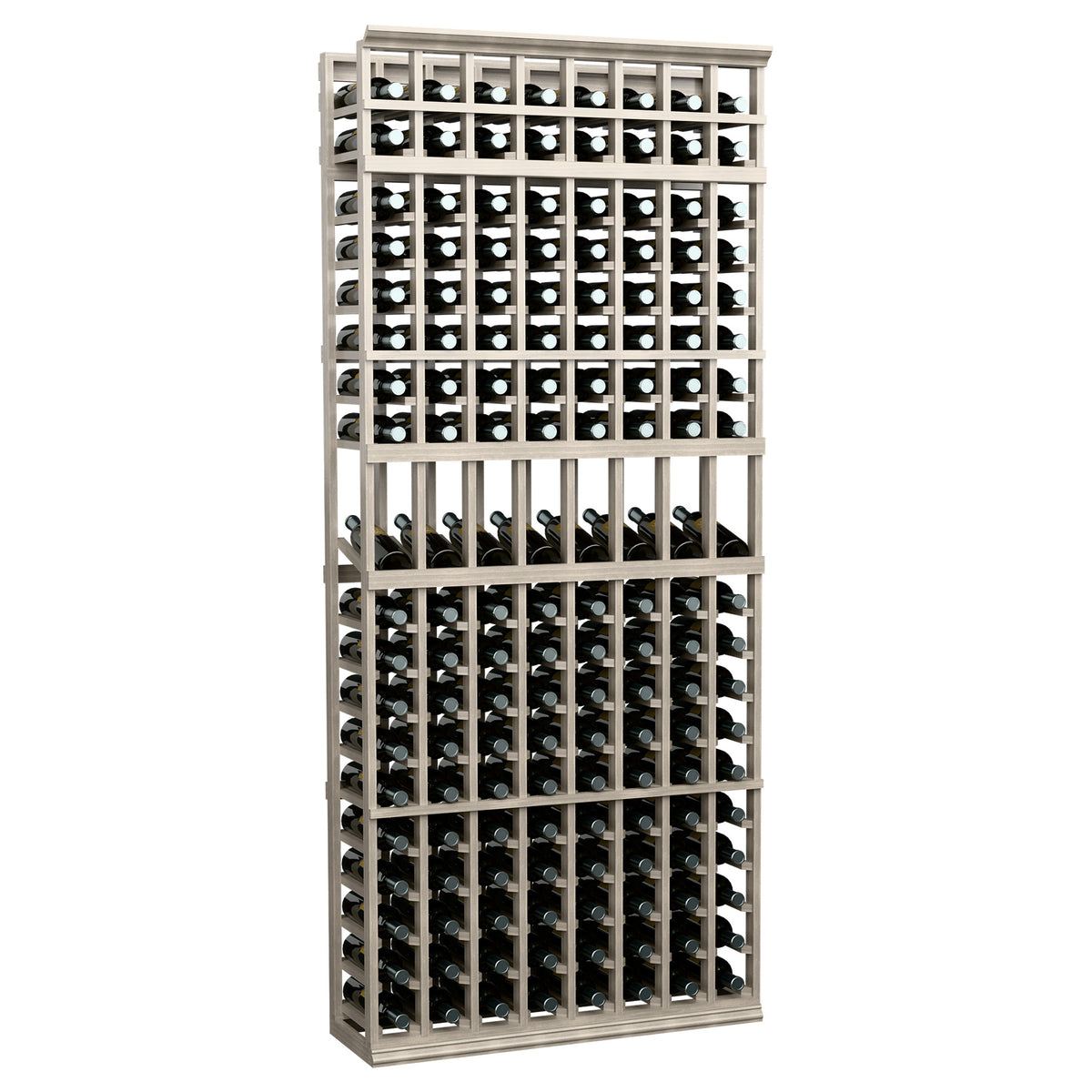 7 ft wine bottle display rack with 8 columns, gray wood frame and open bottle rows