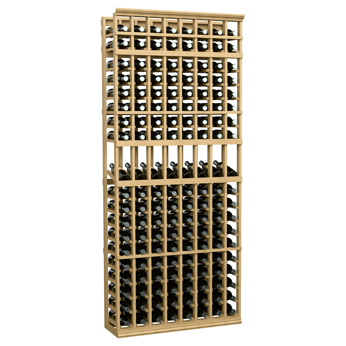 7 ft wine bottle display rack with 8 columns, light wood frame and bottle compartments