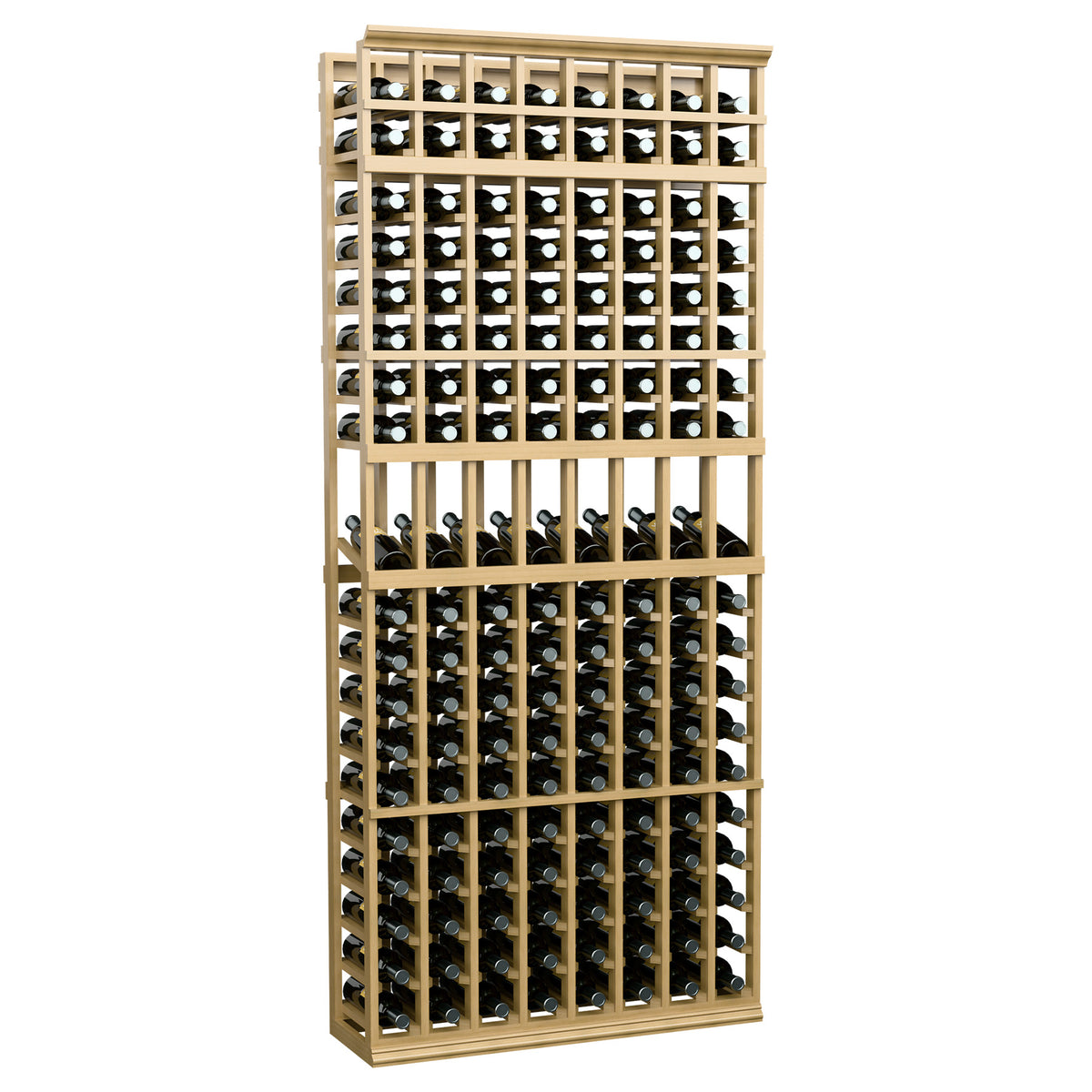 7 ft wine bottle display rack with 8 columns, natural wood frame and divided bottle slots