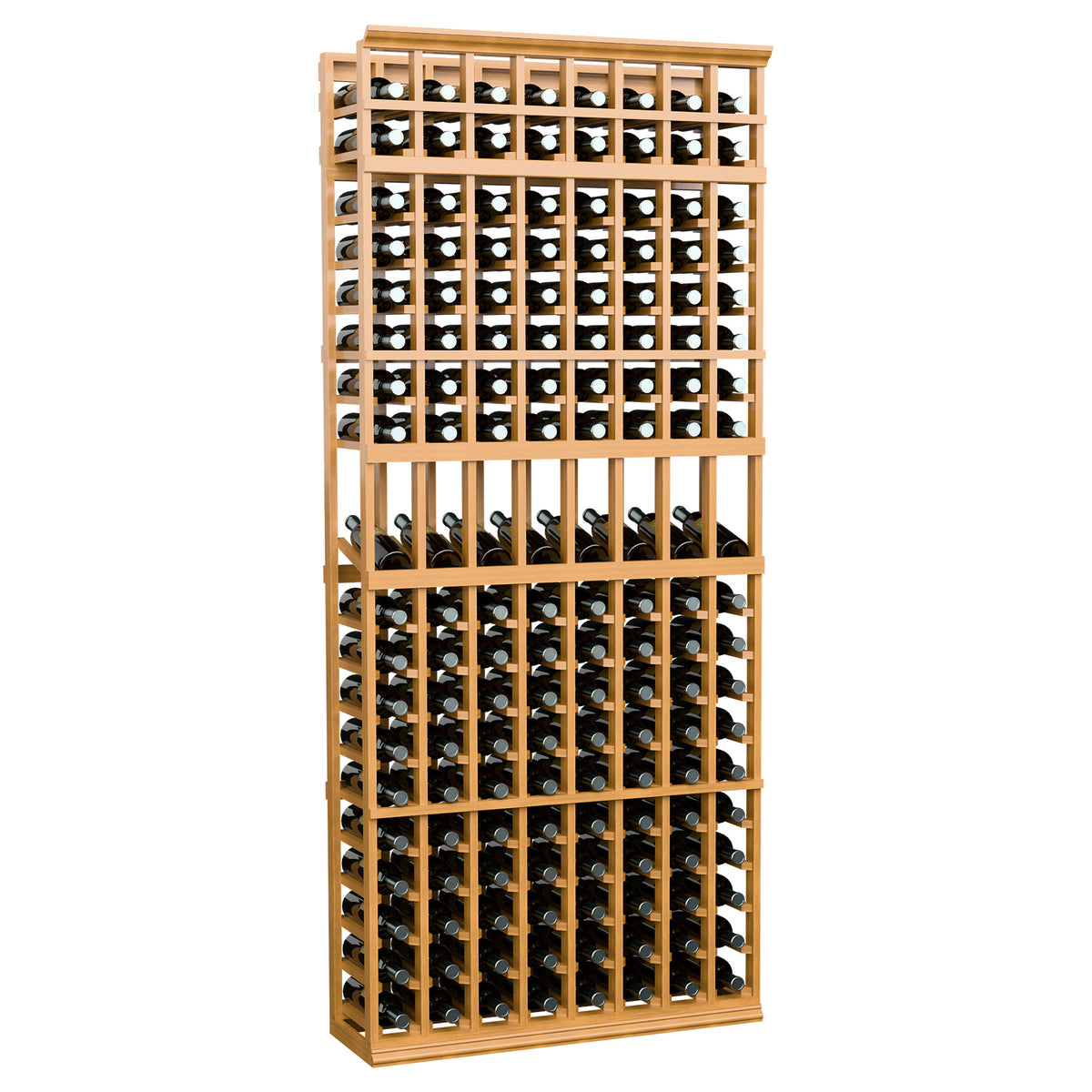 7 ft wine bottle display rack with 8 columns, light honey wood frame with bottle rows