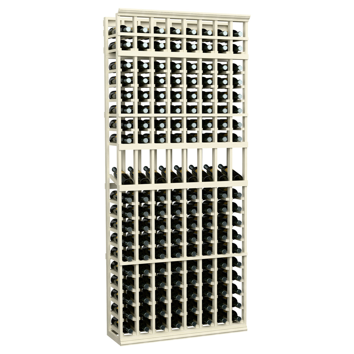7 ft wine bottle display rack with 8 columns, whitewashed wood frame and bottle cells