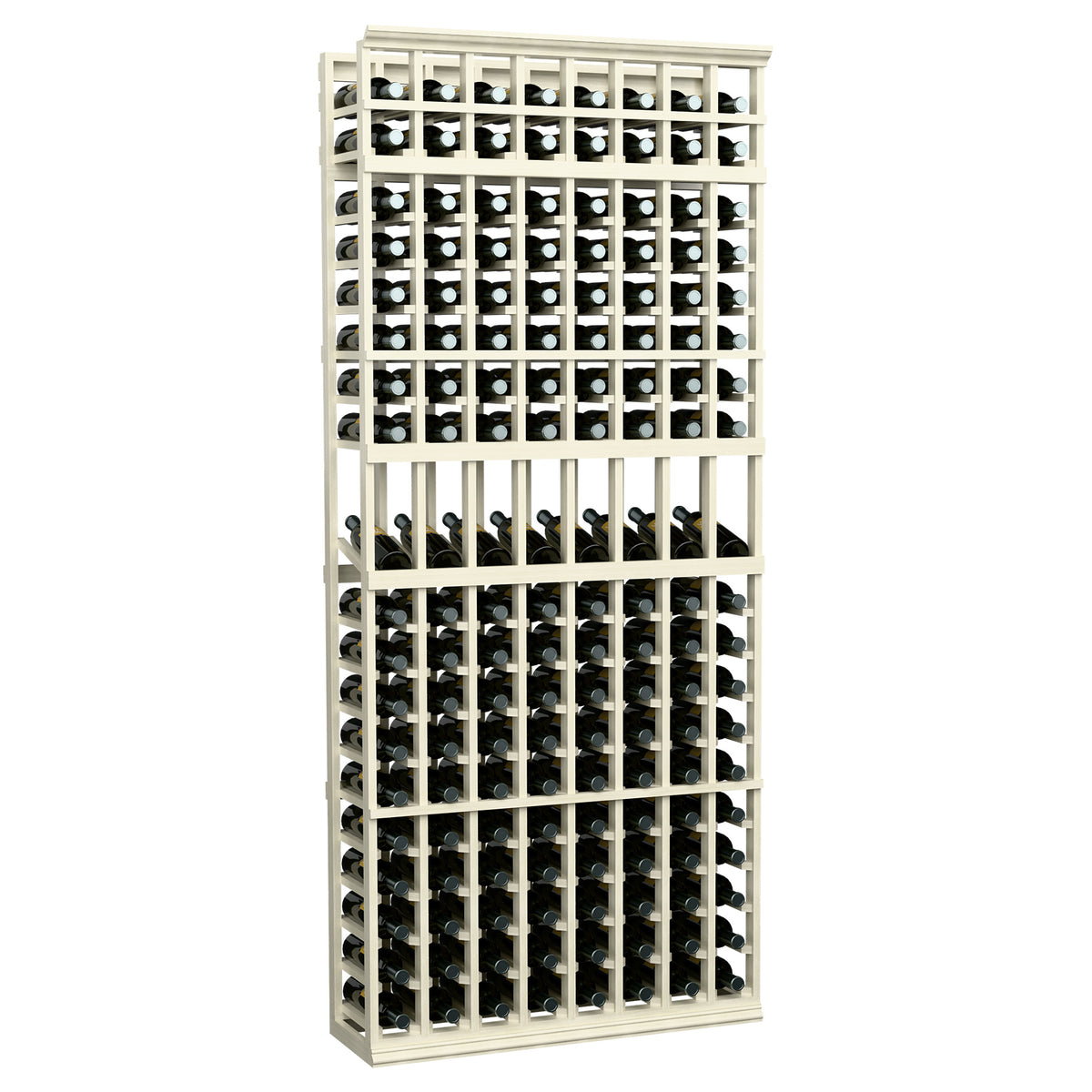 7 ft wine bottle display rack with 8 columns, whitewashed wood frame and open bottle holders