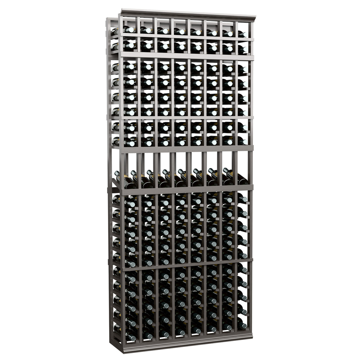 Charcoal 8-column wine display rack, 7-ft tall, featuring a bottle slot front grid