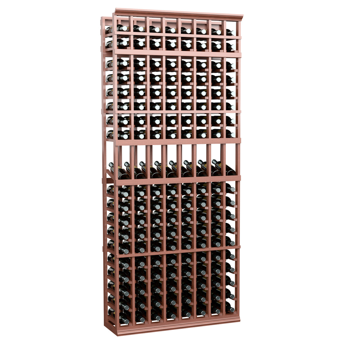 Warm reddish 8-column wine display rack, 7-ft tall, with rows of bottle slots