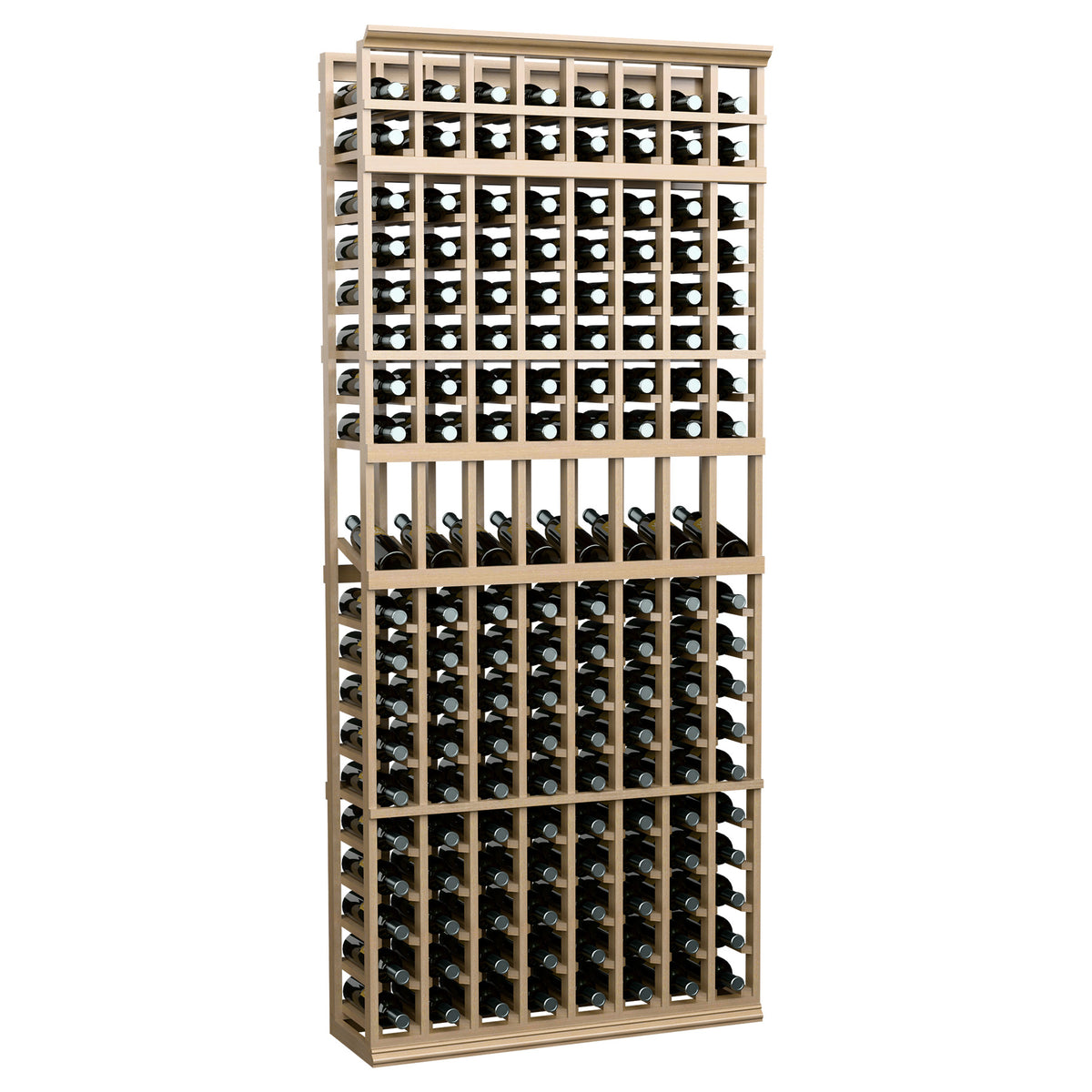 Natural light wood 8-column wine display rack, 7-ft tall, holds bottles in a grid