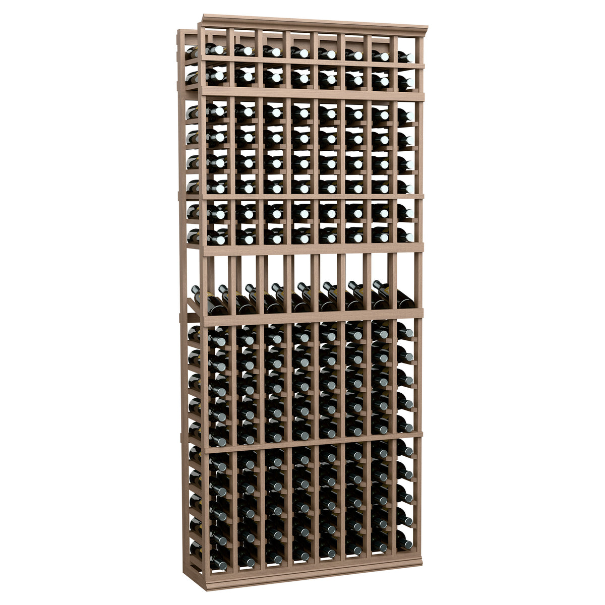 Medium brown 8-column wine display rack, 7-ft tall, with front bottle-slot grid