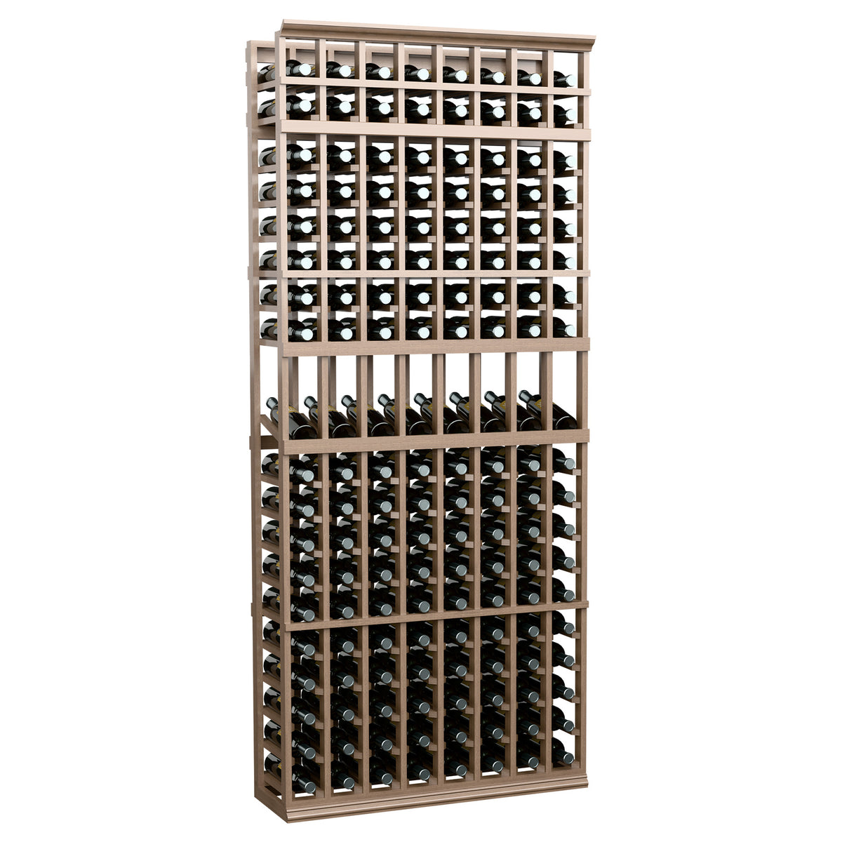 Espresso-brown 8-column wine display rack, 7-ft tall, with bottle slots in rows