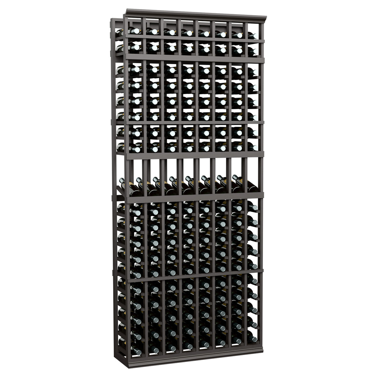 Dark gray 8-column wine display rack, 7-ft tall, with a bottle-holding front grid