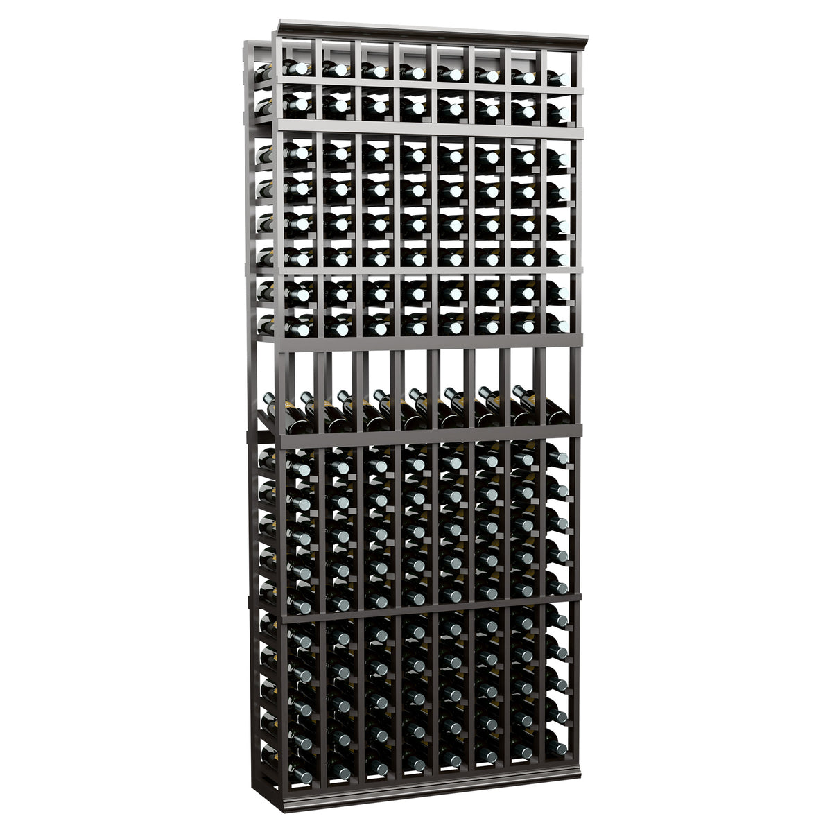 Charcoal 8-column wine display rack, 7-ft tall, featuring front bottle slot grid