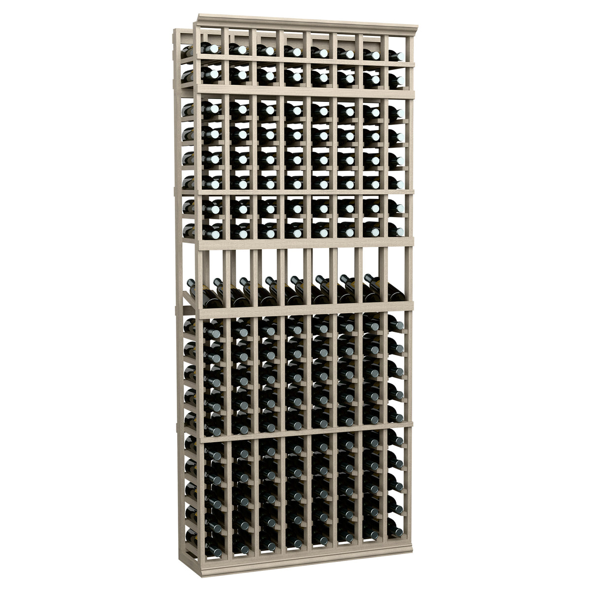 7 ft wine bottle display rack with 8 columns, light grey wood frame and bottle slots