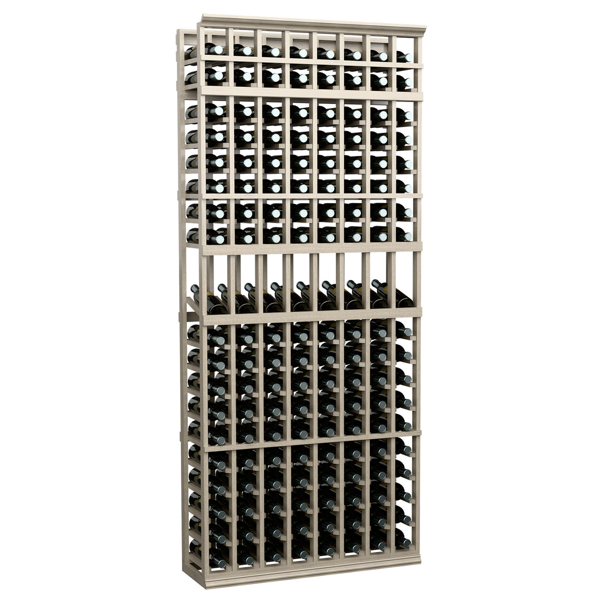 7 ft wine bottle display rack with 8 columns, light grey wood cubbies for bottles