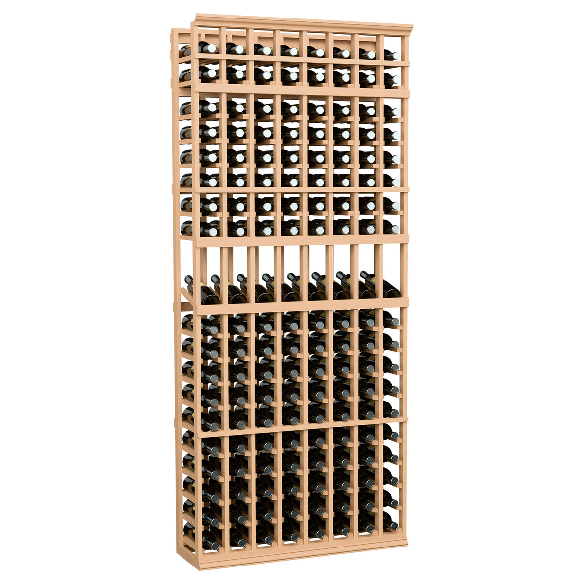 7 ft wine bottle display rack with 8 columns, natural tan wood frame and bottle holders