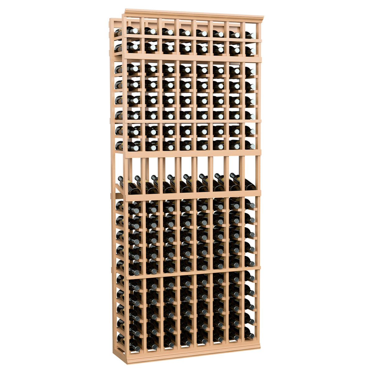 7 ft wine bottle display rack with 8 columns, natural wood cubbies with bottle slots