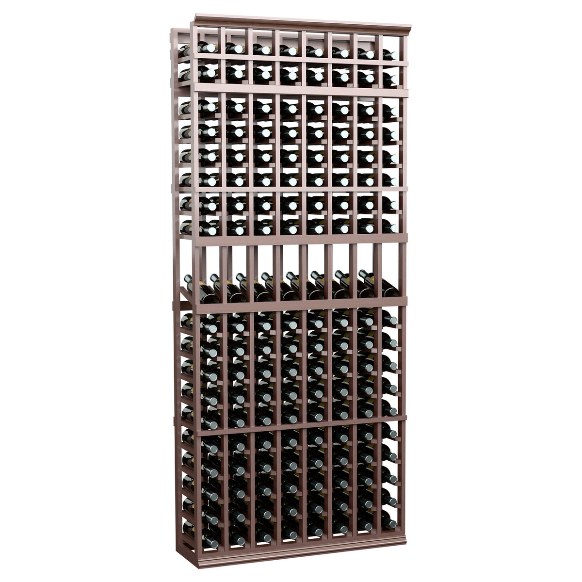 7 ft wine bottle display rack with 8 columns, dark brown cubbies for wine bottles