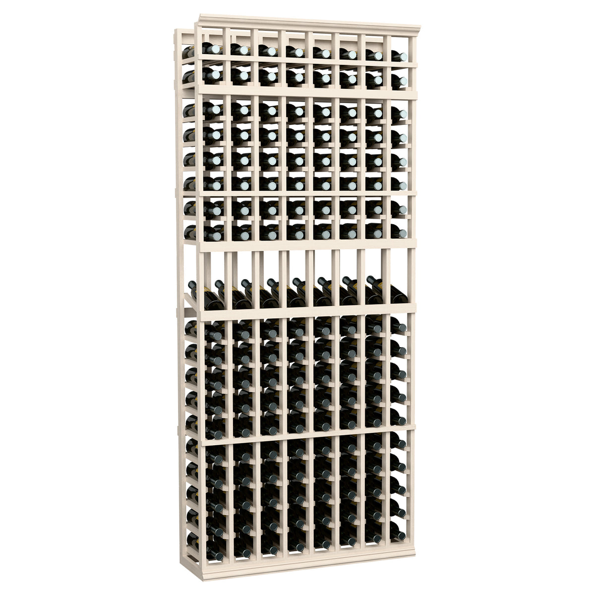 7 ft wine bottle display rack with 8 columns, whitewashed wood frame and bottle slots