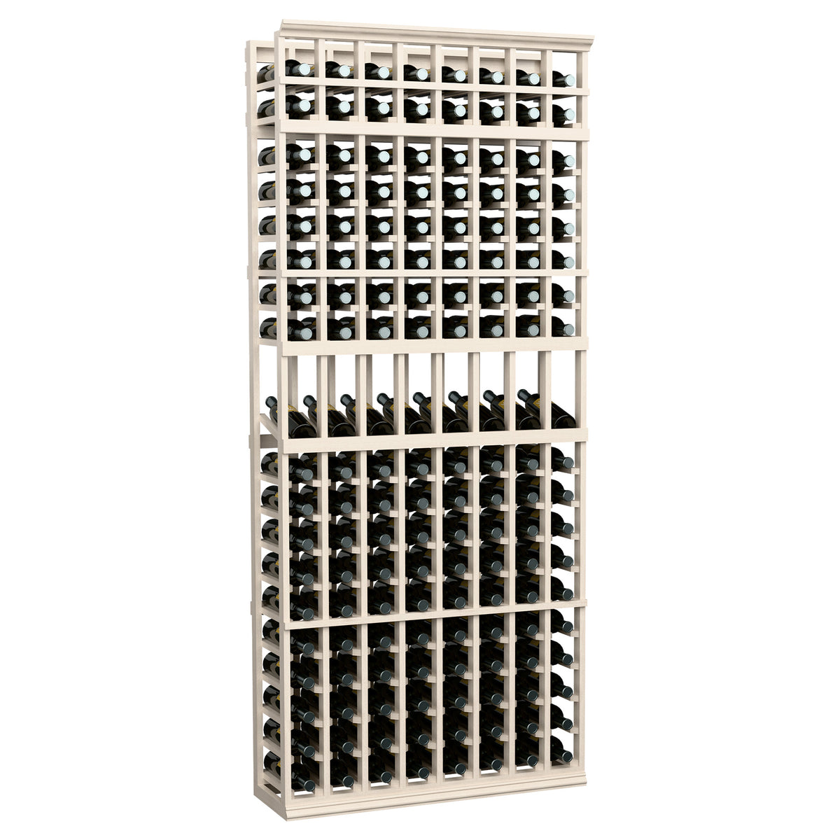 7 ft wine bottle display rack with 8 columns, whitewashed wood cubbies for bottles