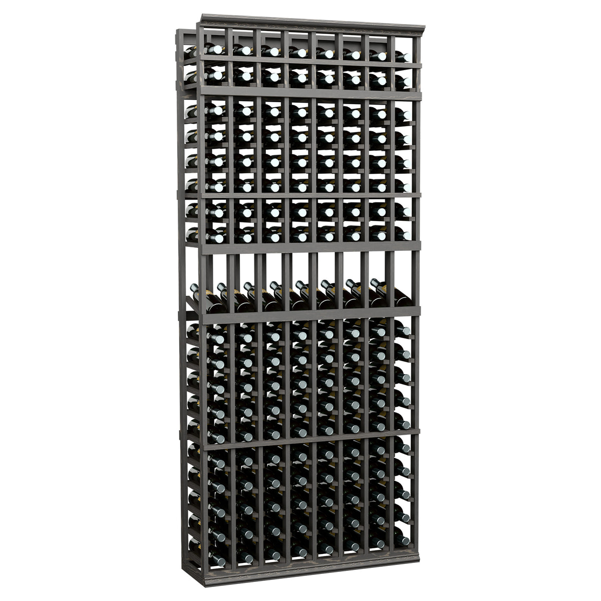 8-column wine bottle display rack with dark gray frame and bottle slots