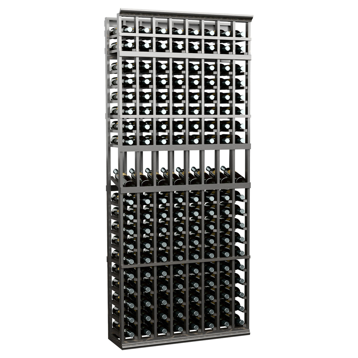 8-column wine bottle display rack with dark gray frame and wine bottle holders