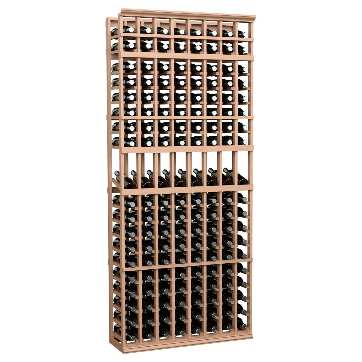 8-column wine bottle display rack with light wood frame and bottle slots