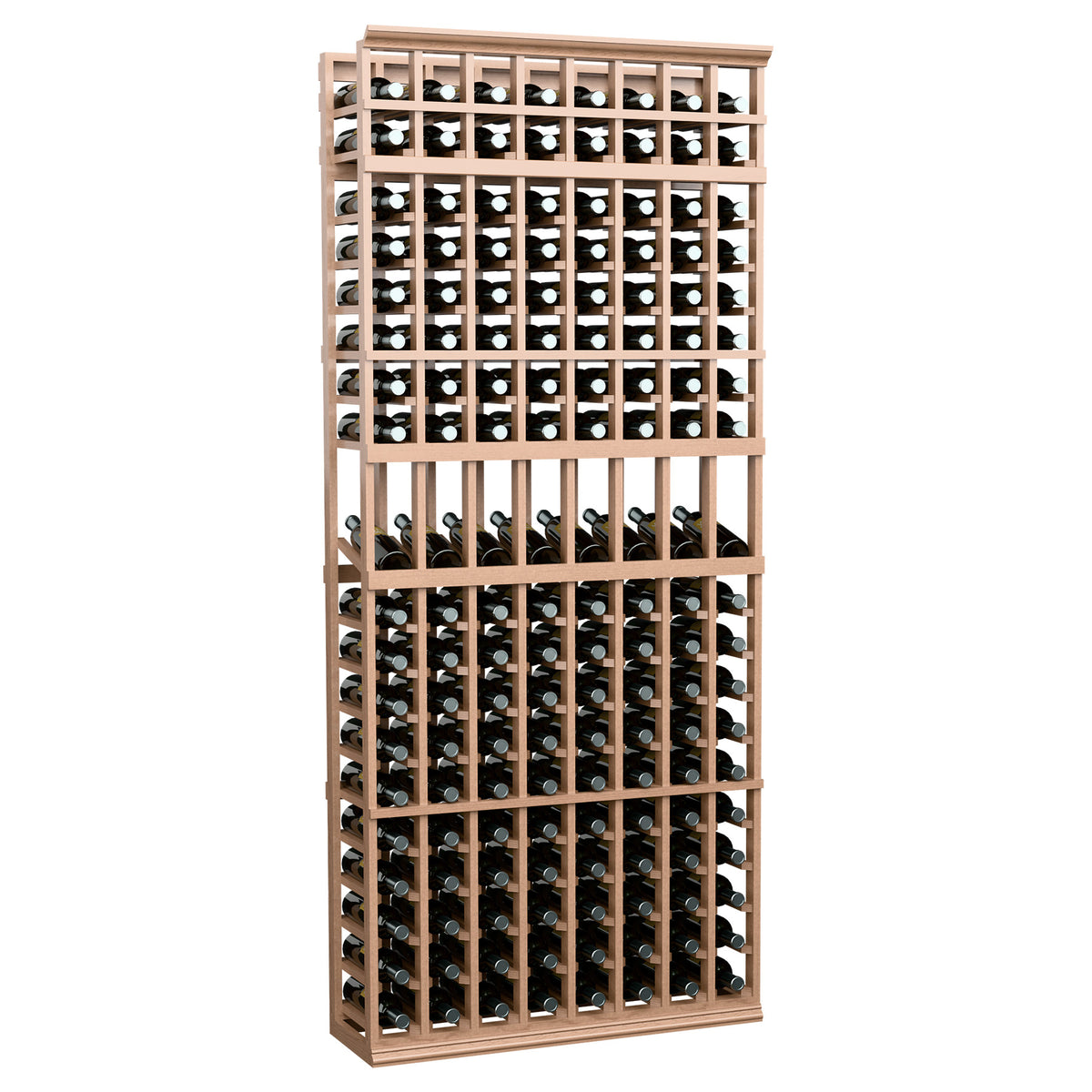 8-column wine bottle display rack with light wood frame and wine bottle holders