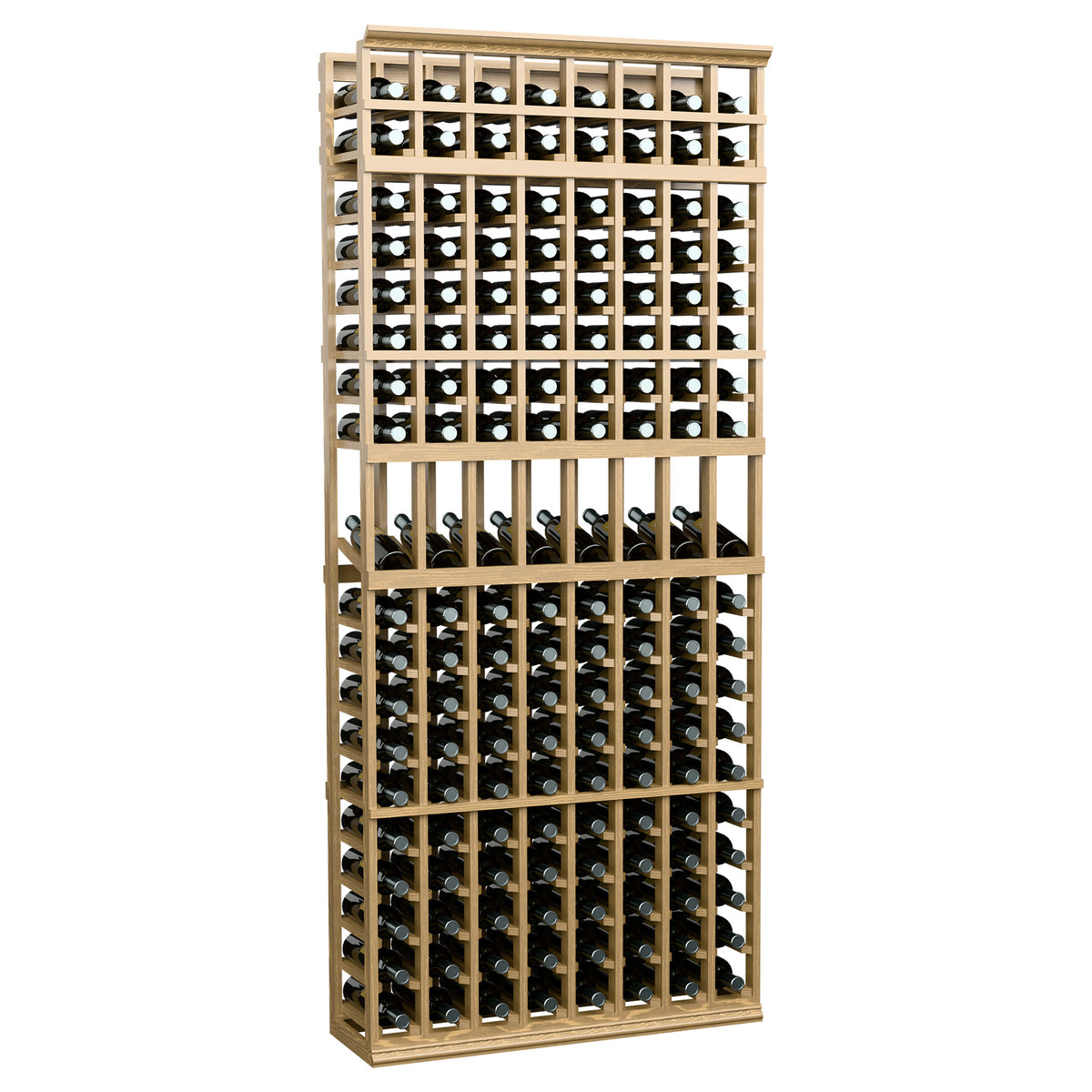 8-column wine bottle display rack with beige wood frame and wine bottle holders