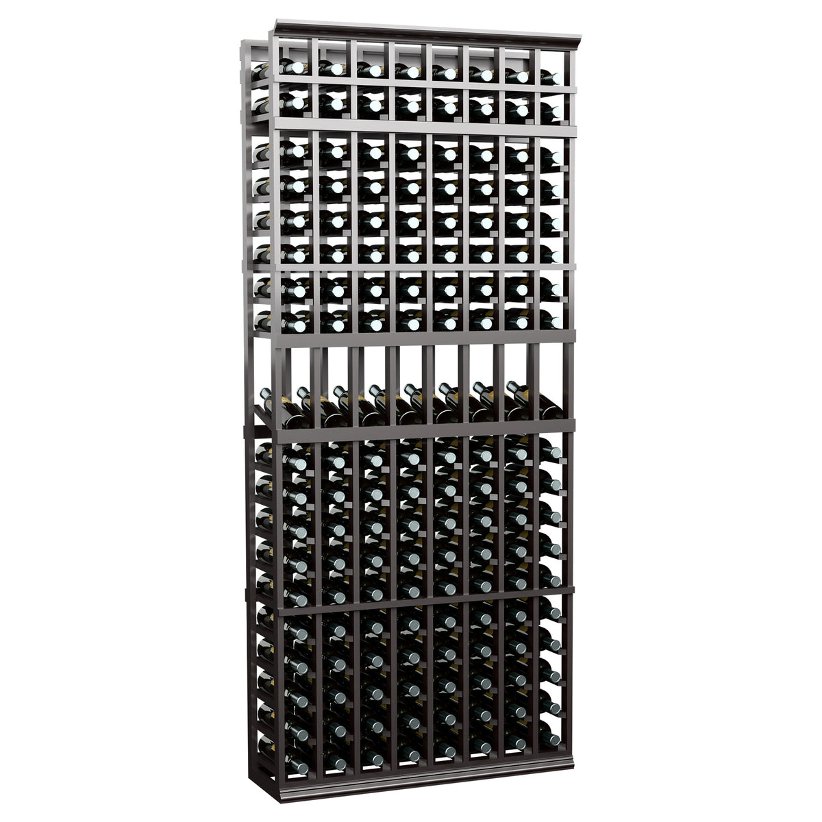 8-column wine bottle display rack with dark gray frame and wine bottle holders