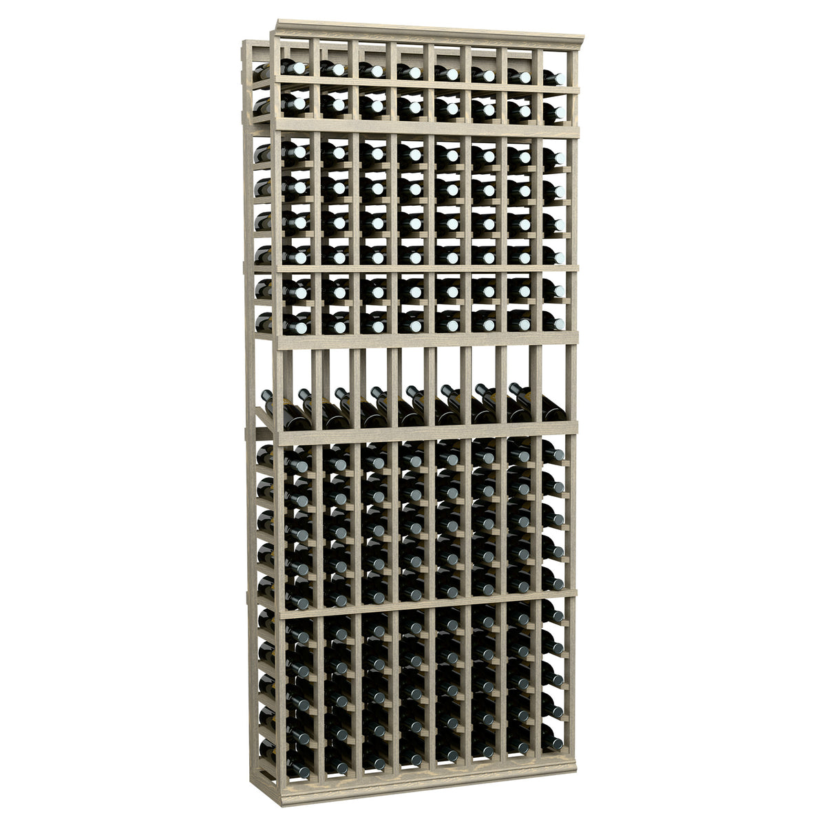 8-column wine display rack with light gray wooden frame, holding dark bottles in slots