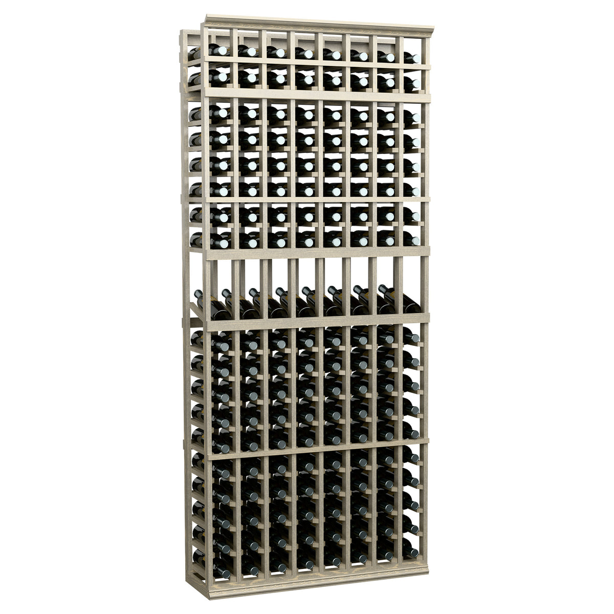 8-column wine display rack with light gray wooden frame and multiple bottle holder rows