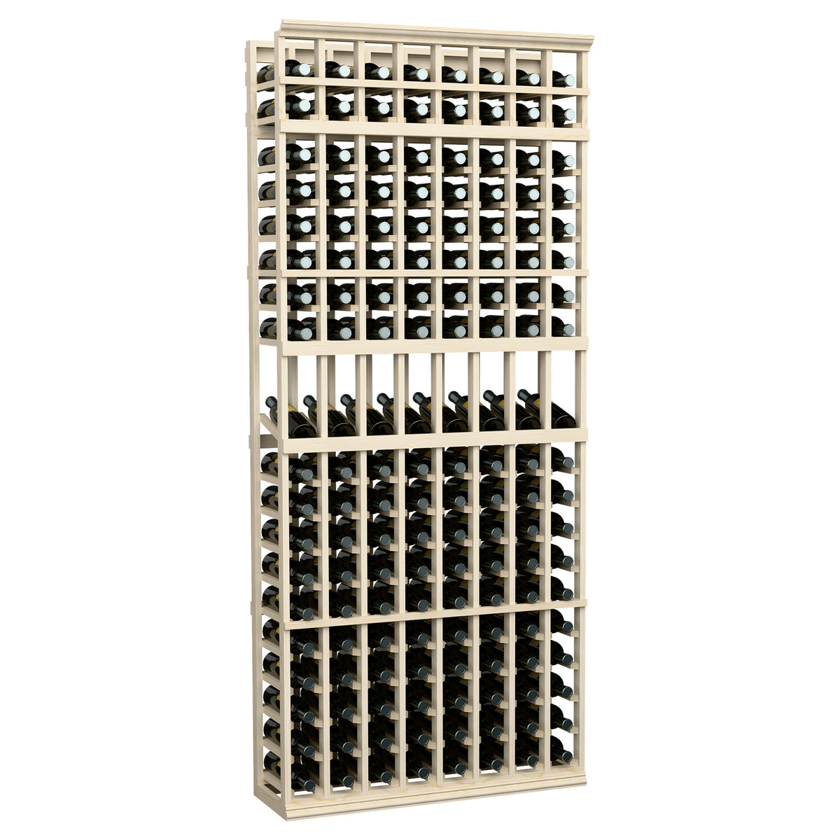 8-column wine display rack with light gray wooden frame for storing dark wine bottles
