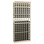 8-column wine display rack with light gray wooden frame for storing dark wine bottles