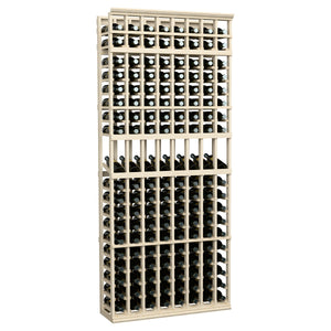 8-column wine display rack with light gray wooden frame for storing dark wine bottles
