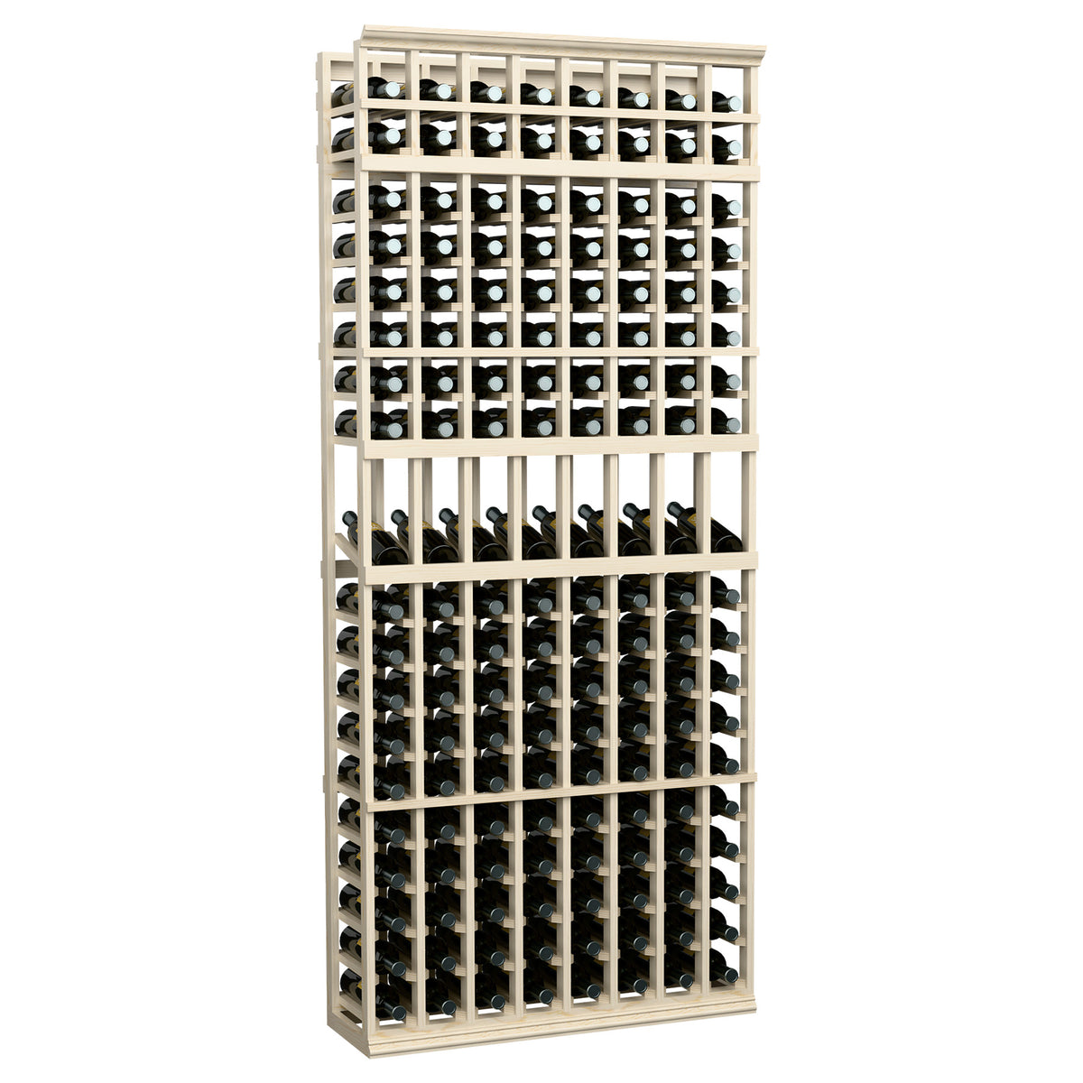 8-column wine display rack with light gray wooden frame and long bottle storage compartments