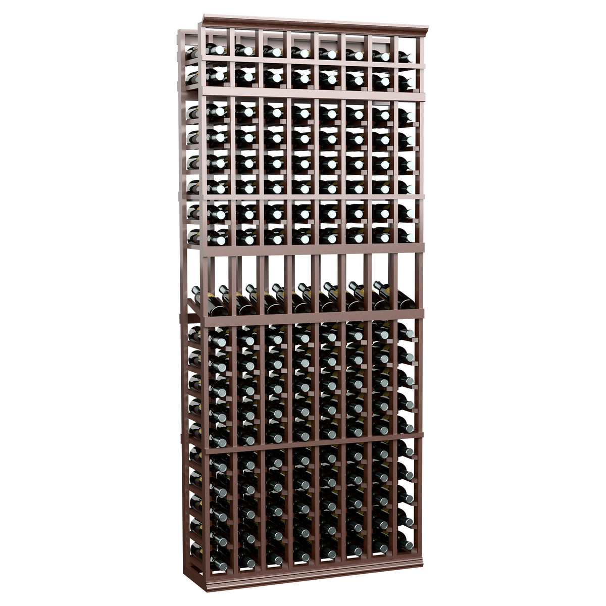 8-column wine display rack with dark brown wooden frame and vertical bottle holder slots