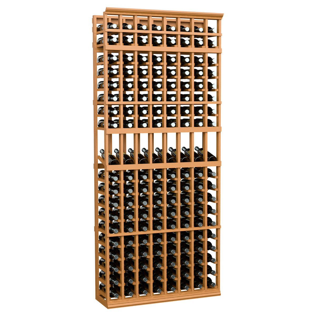 8-column wine display rack with light wood frame for storing dark wine bottles