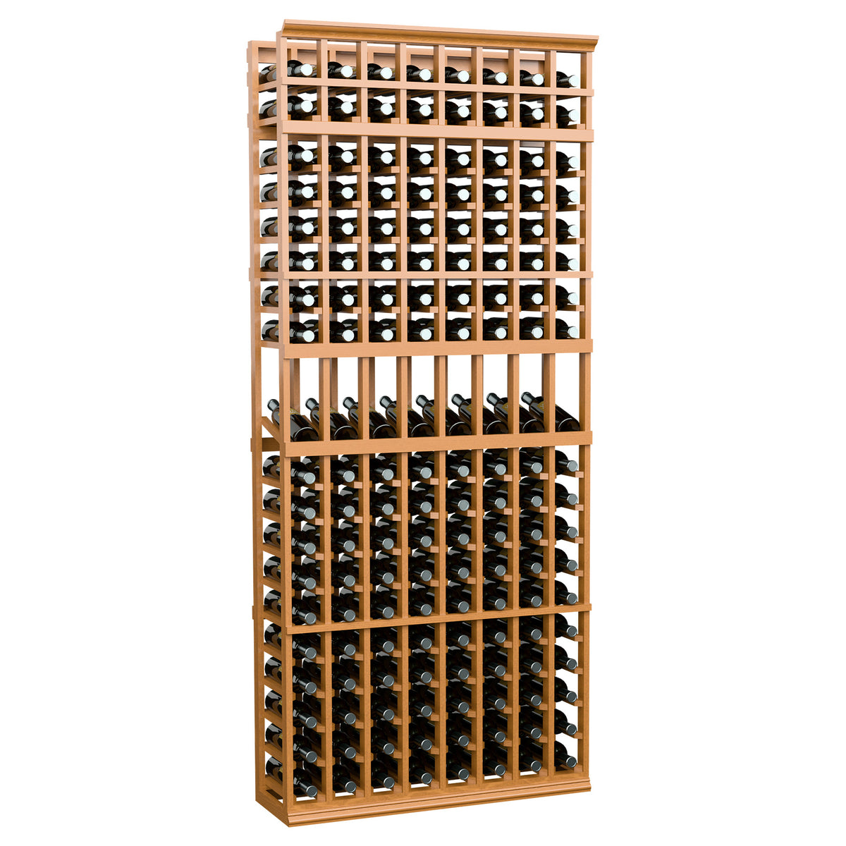 8-column wine display rack with light tan wooden frame and multiple rows of bottle slots