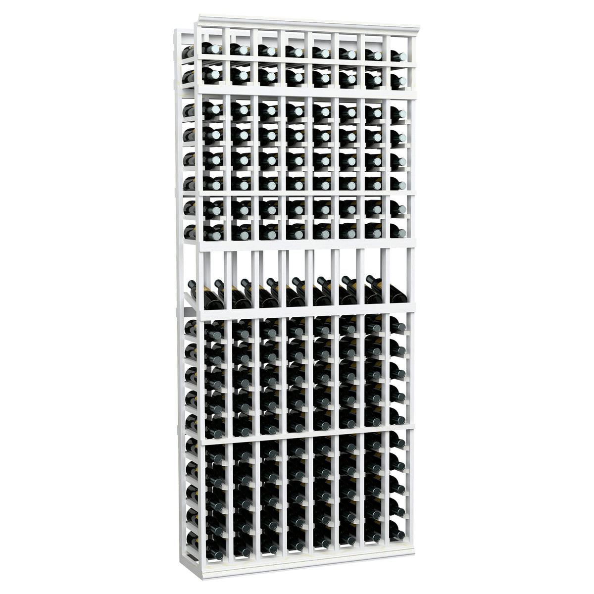 8-column wine display rack with white wooden frame, holding dark bottles in compartments