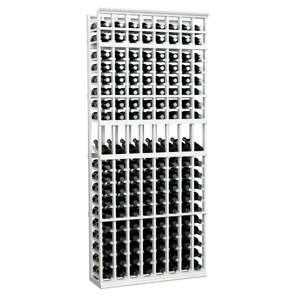8-column wine display rack with white wooden frame and stacked bottle storage sections