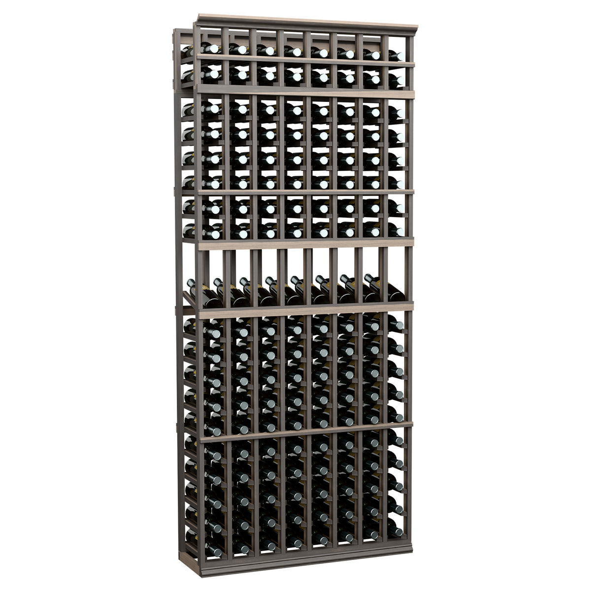 Dark gray 8-column wine display rack, 7-ft tall, with bottle slots and shelves