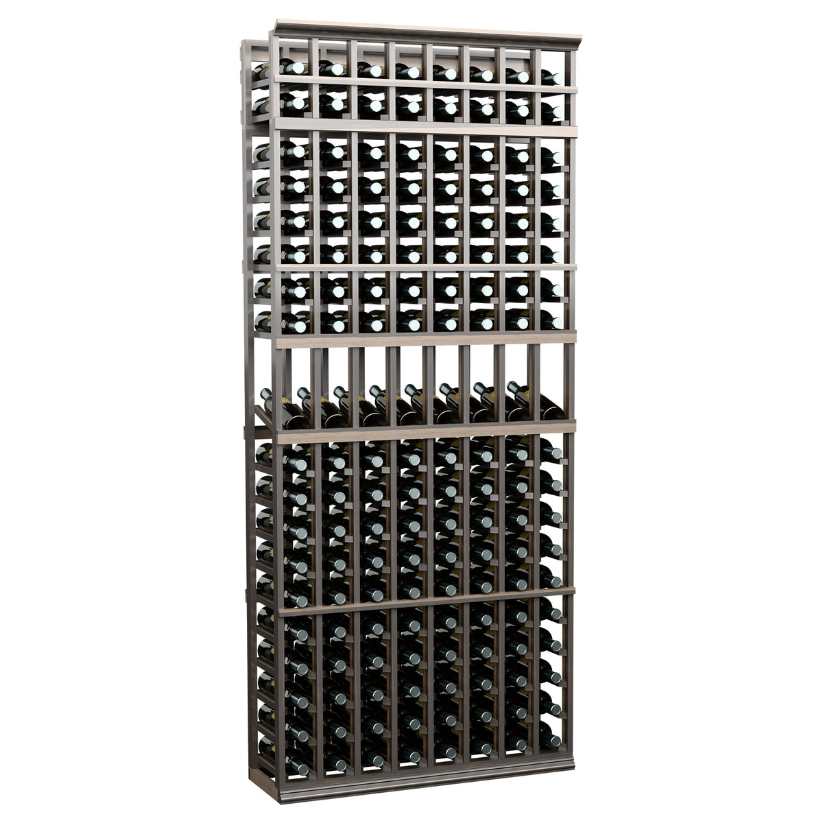 Gray 8-column wine display rack, 7-ft tall, front-facing bottle storage grid