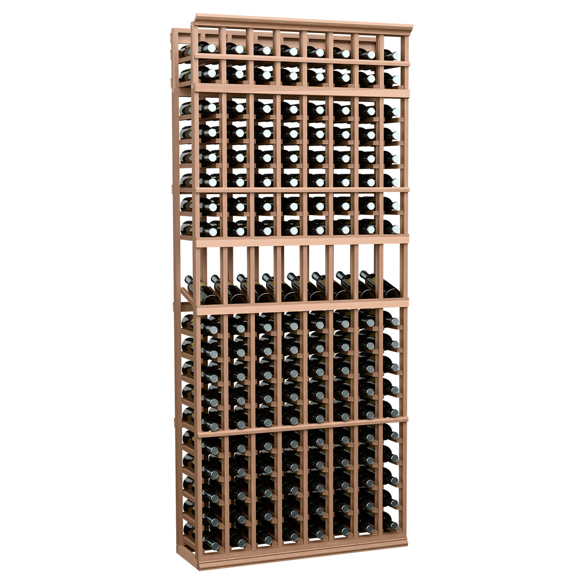 Light tan 8-column wine display rack, 7-ft tall, with bottle slots and rows
