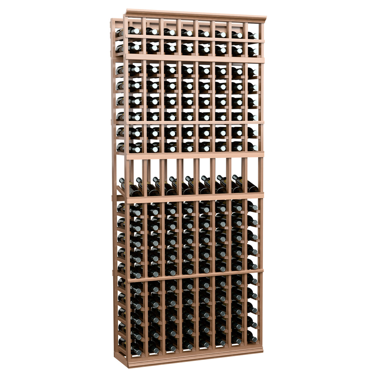 Natural wood 8-column wine display rack, 7-ft tall, bottle storage grid with rails