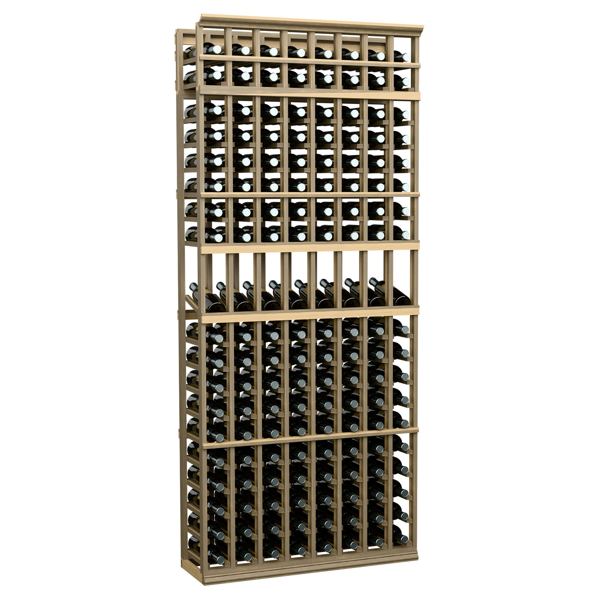 Beige/khaki 8-column wine display rack, 7-ft tall, front-facing bottle slots