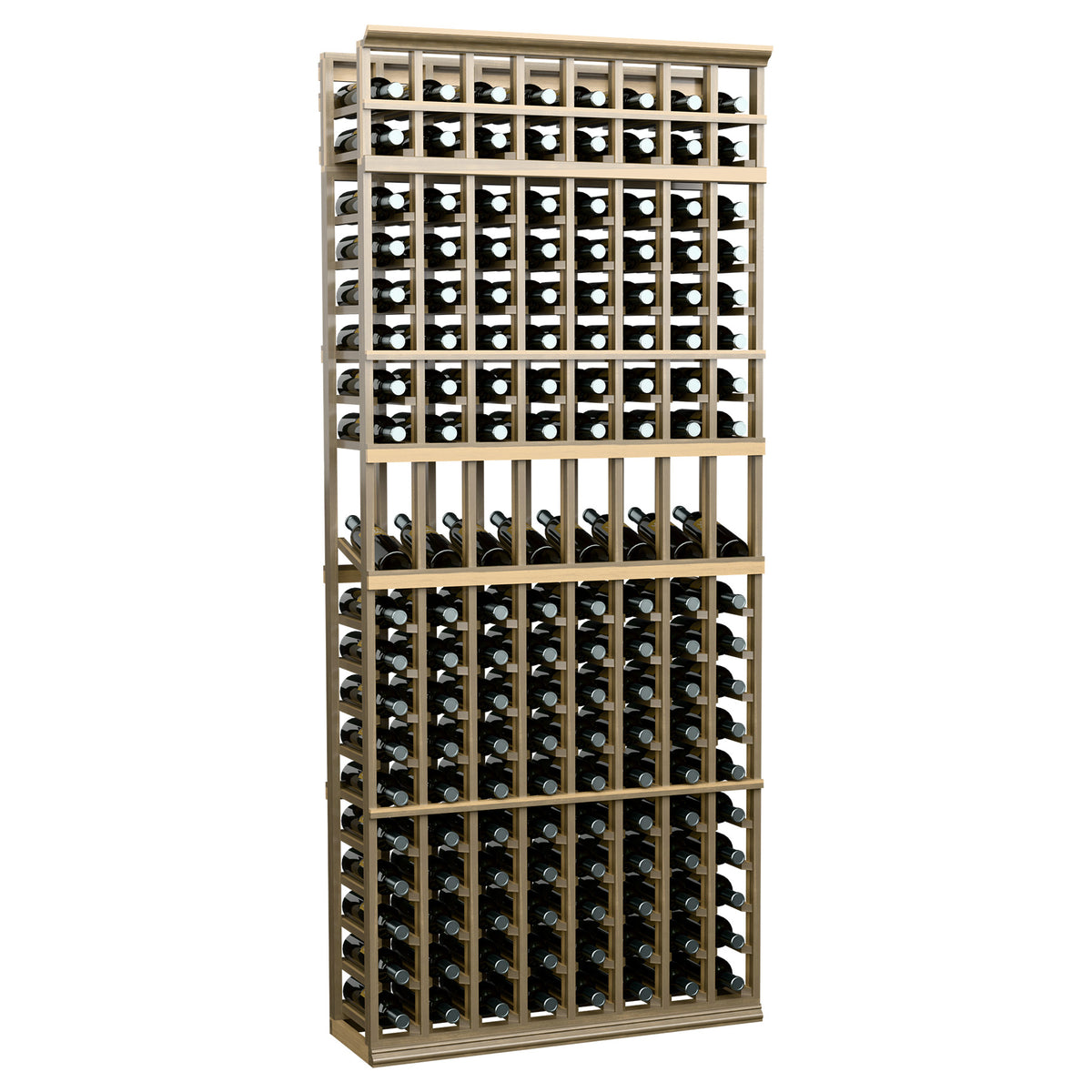Olive-beige 8-column wine display rack, 7-ft tall, with bottle storage shelves