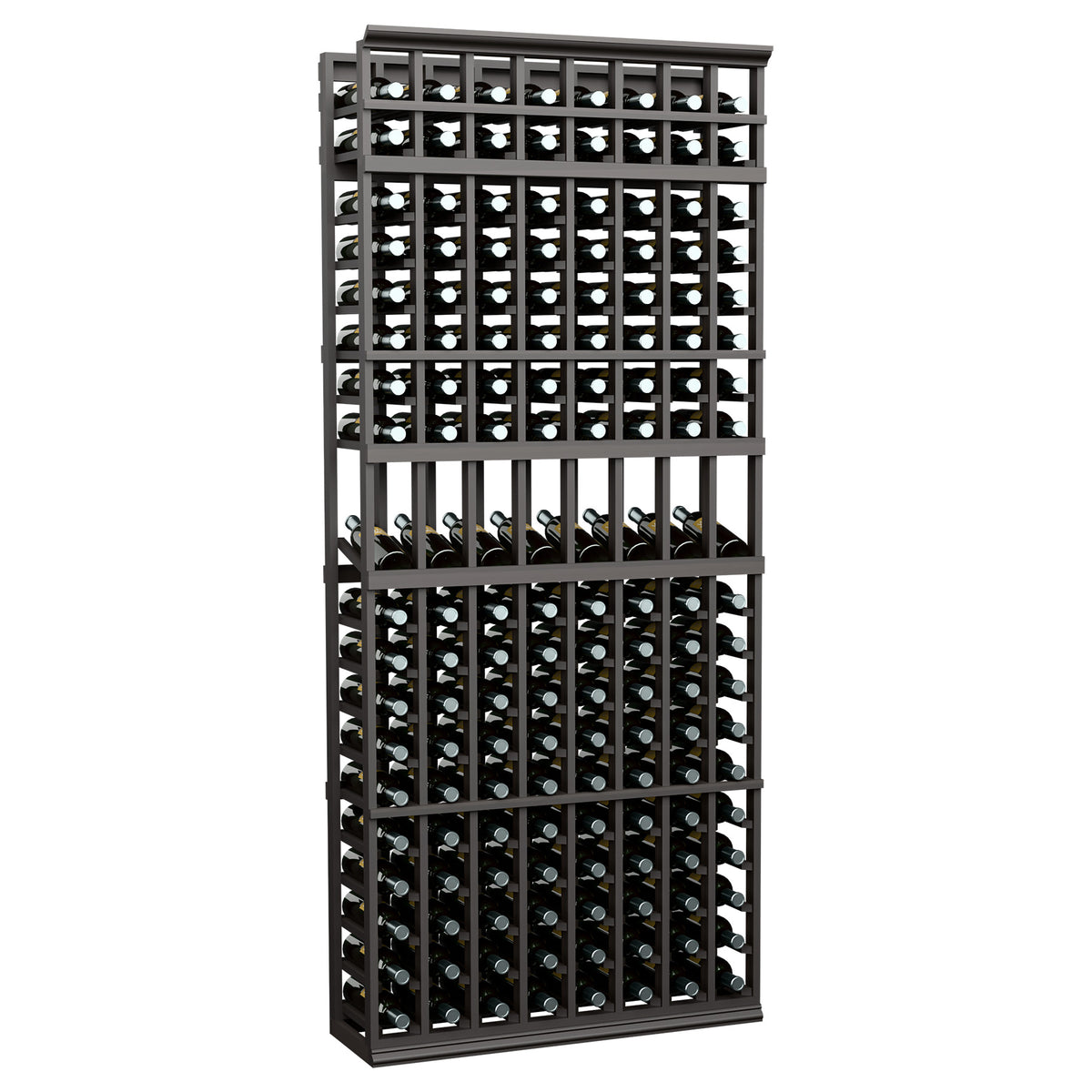 Black 8-column wine display rack, 7-ft tall, bottle slots with horizontal rails