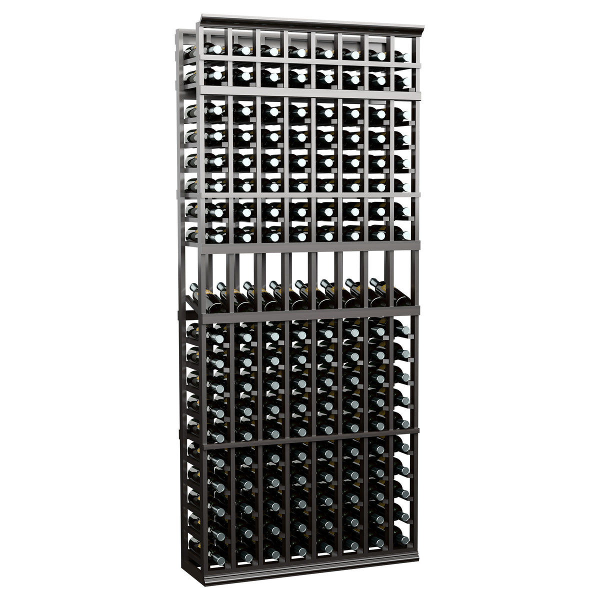 Dark gray 8-column wine display rack, 7-ft tall, bottle storage grid and shelves