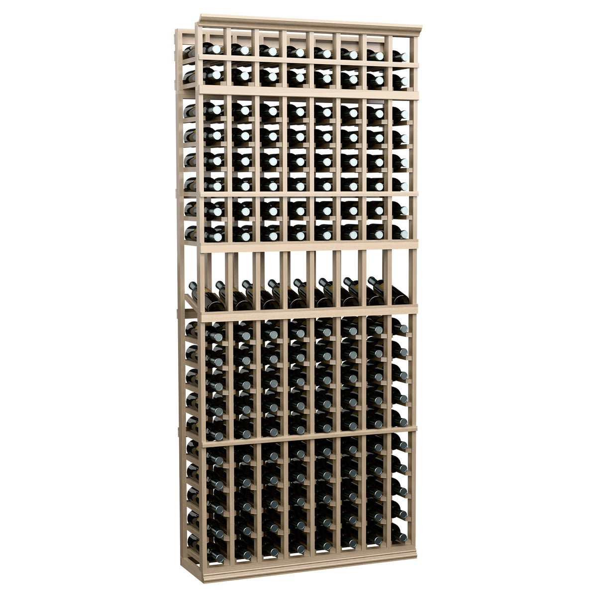 Light wood 7 ft 8-column wine bottle display rack with front bottle slots