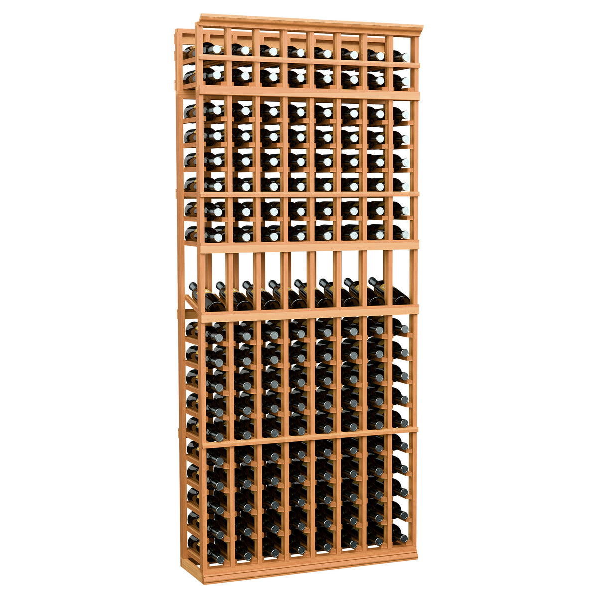 Warm wood 7 ft 8-column wine bottle display rack with front bottle slots